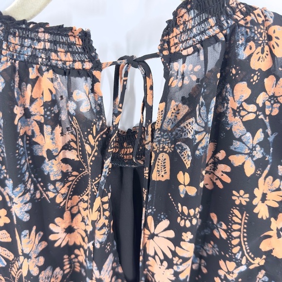 Free People Clarissa Printed Top Size L Boho Puff Long Sleeve Semi Sheer Floral - Picture 6 of 13